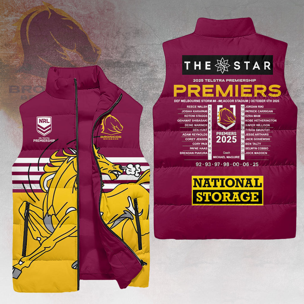 Brisbane Broncos 2025 NRL Premiers 3D Sleeveless Down Jacket – HOATT14055