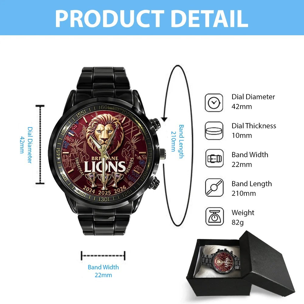 Brisbane Lions Threepeat Premiers Black Stainless Steel Watch – TMTHU9738