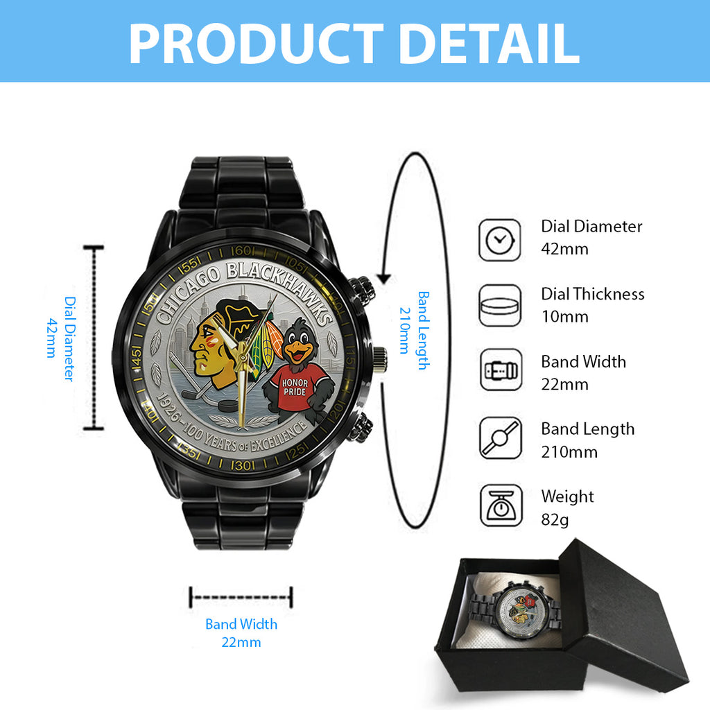 Chicago Blackhawks 100th Anniversary 2026 Black Stainless Steel Watch – TANTN16099