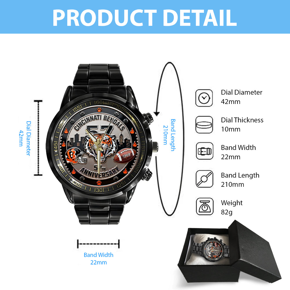 Cincinnati Bengals 57th Anniversary 2025 Black Stainless Steel Watch – TANTN18025