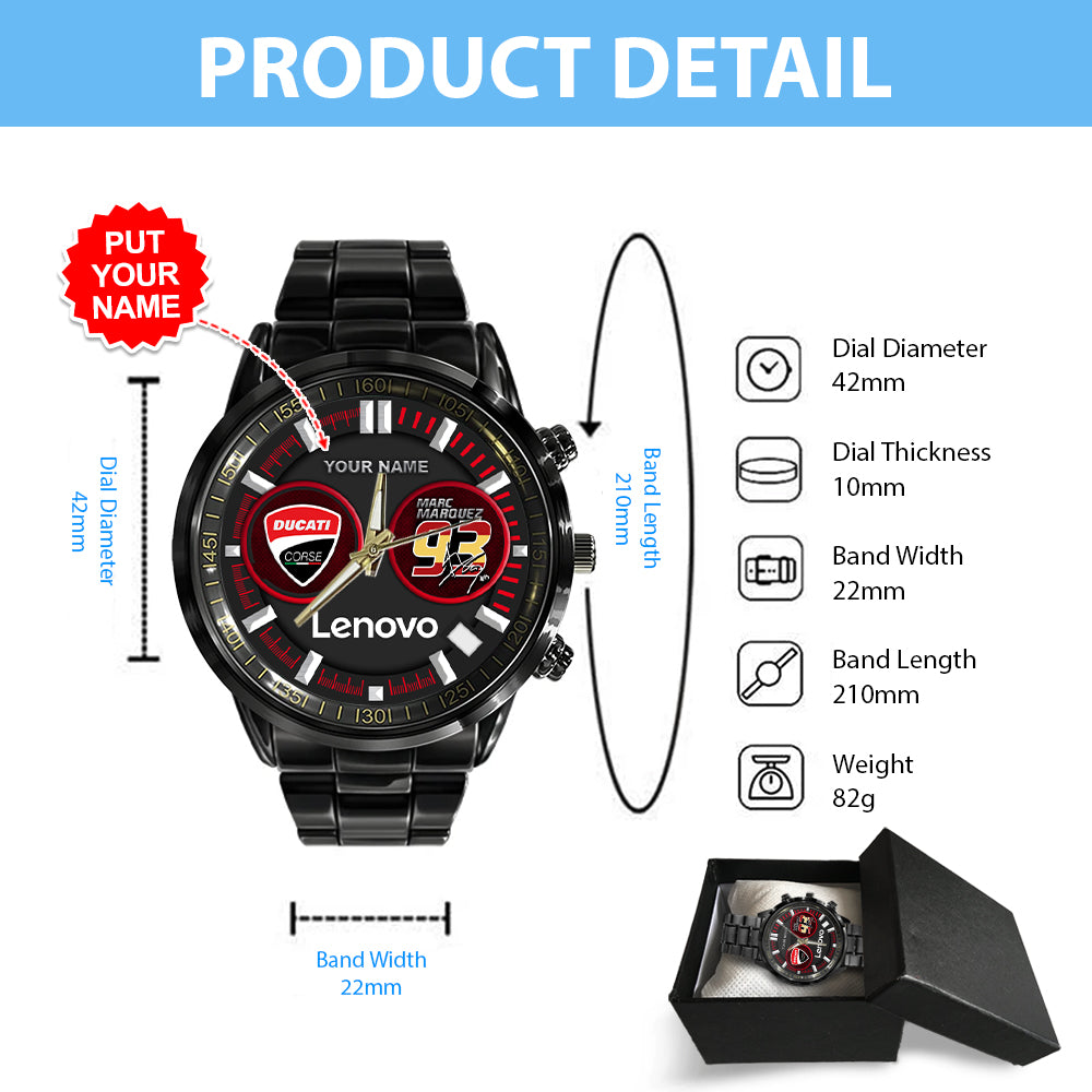 Personalized Ducati Lenovo Team x Marc Márquez Black Stainless Steel Watch – HOATT 9208
