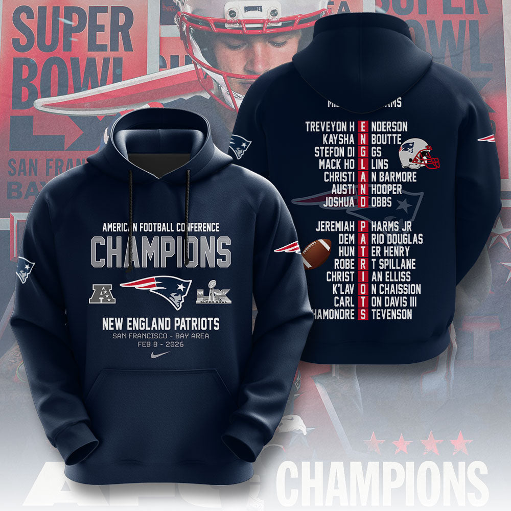 New England Patriots 2025 AFC Champions 3D Apparel – TMTHU3451