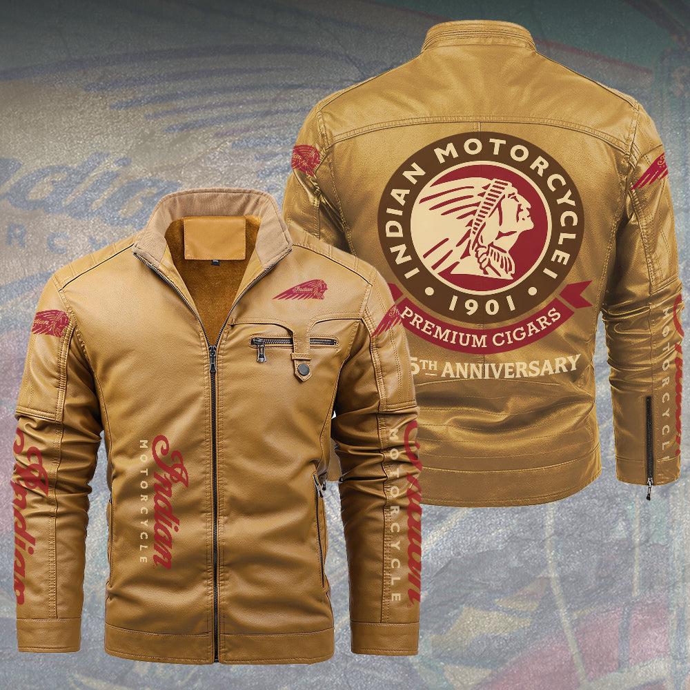 Indian Motorcycle 125th Anniversary 2D Leather Yellow Fleece Jacket – TMTHU8561