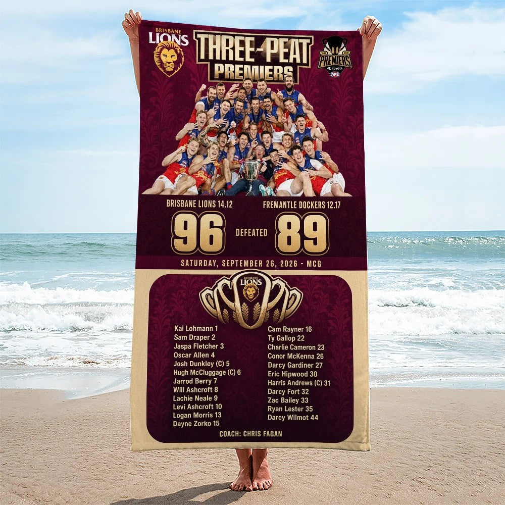 Brisbane Lions 2026 AFL Premiers Rectangle Beach Towel – TMTHU9625