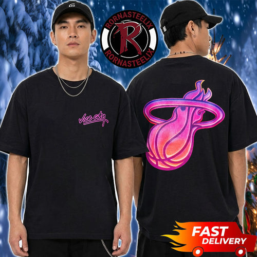 Miami Heat x Duvin Leisure GTA VI Vice City Logo Collab Unisex T Shirt Two Sided
