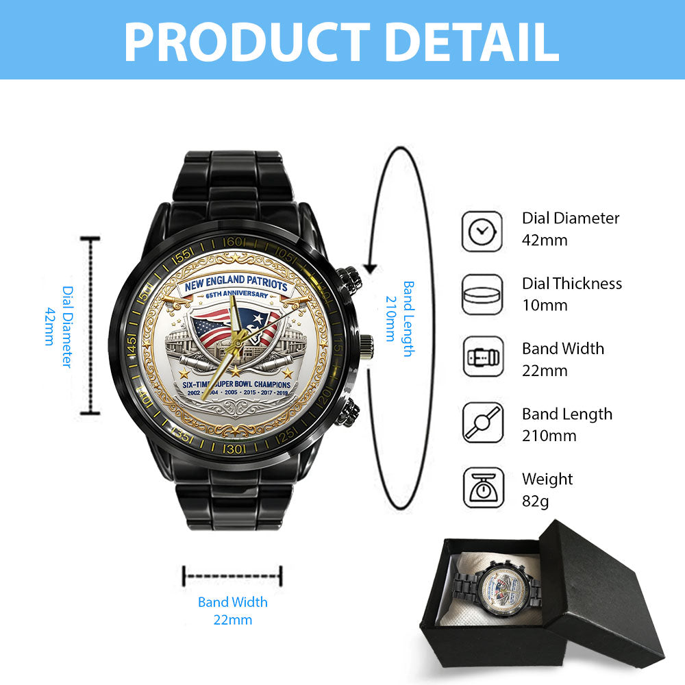 New England Patriots 65th Anniversary 2025 Black Stainless Steel Watch – NGHIAVT6142