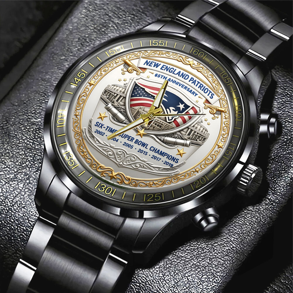 New England Patriots 65th Anniversary 2025 Black Stainless Steel Watch – NGHIAVT6142