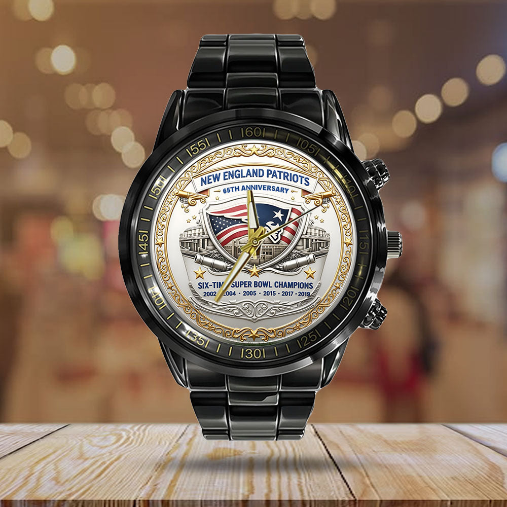 New England Patriots 65th Anniversary 2025 Black Stainless Steel Watch – NGHIAVT6142
