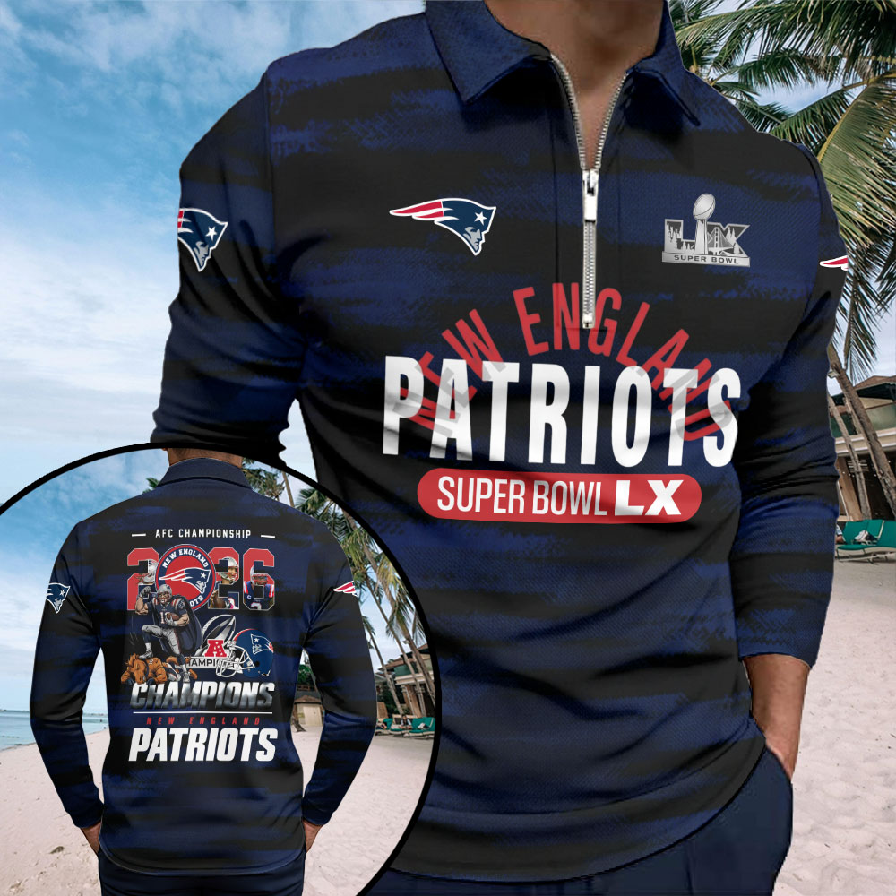 New England Patriots 2025 AFC Champions Zip Polo Shirt – TMTHU3550