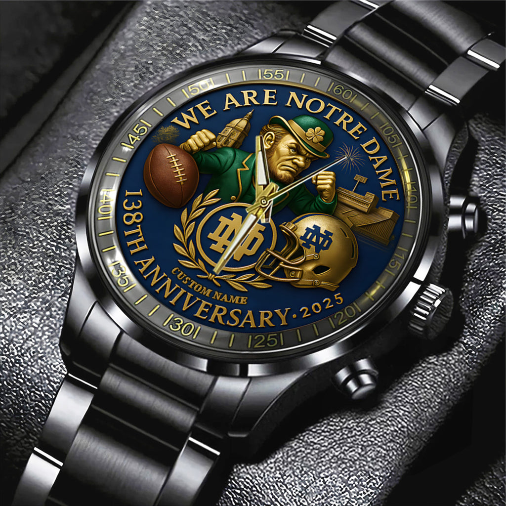 Personalized Notre Dame Fighting Irish Football 138th Anniversary 2025 Black Stainless Steel Watch – TANTN16199