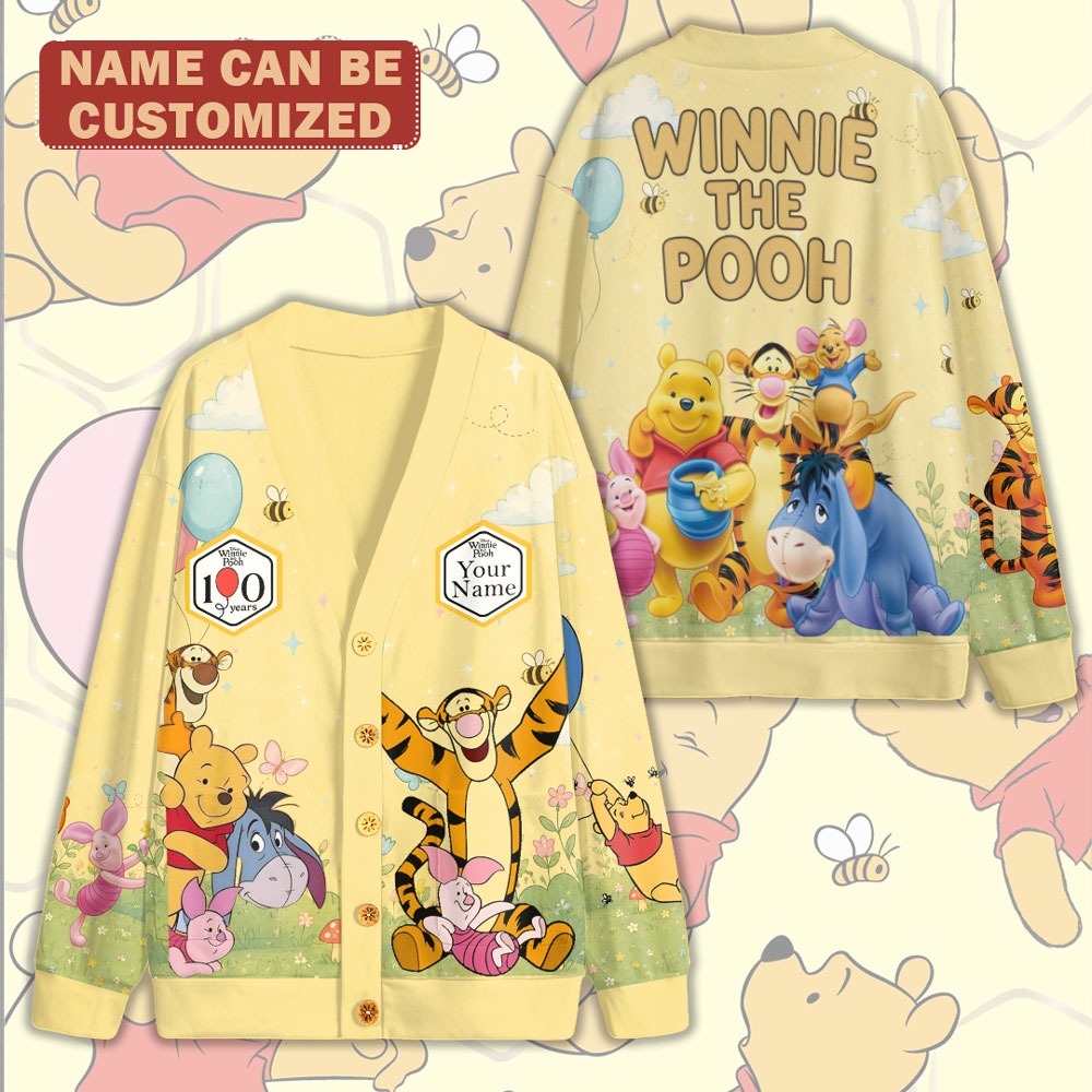 Personalized Winnie-the-Pooh 100th Anniversary Knitted V-neck Cardigan – TMTHU7453