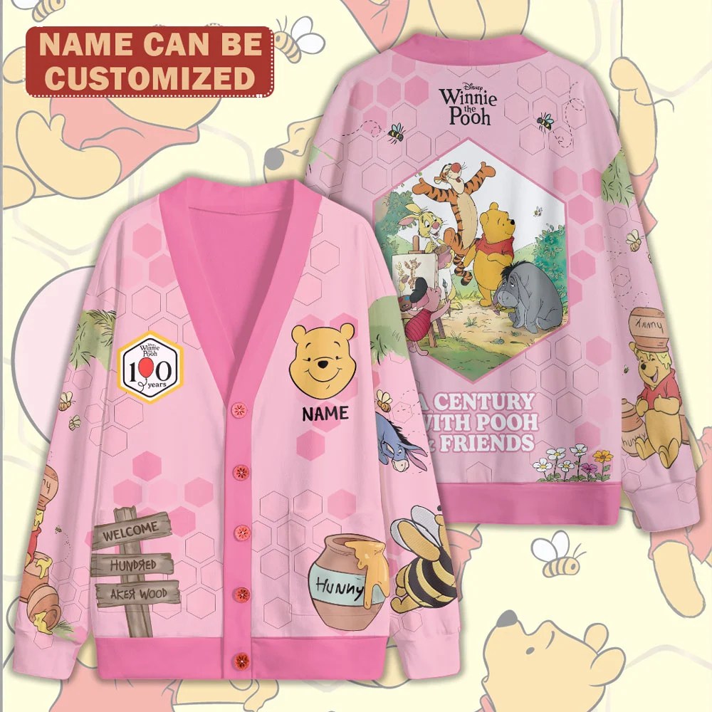 Personalized Winnie-the-Pooh 100th Anniversary Knitted V-neck Cardigan – TMTHU8835