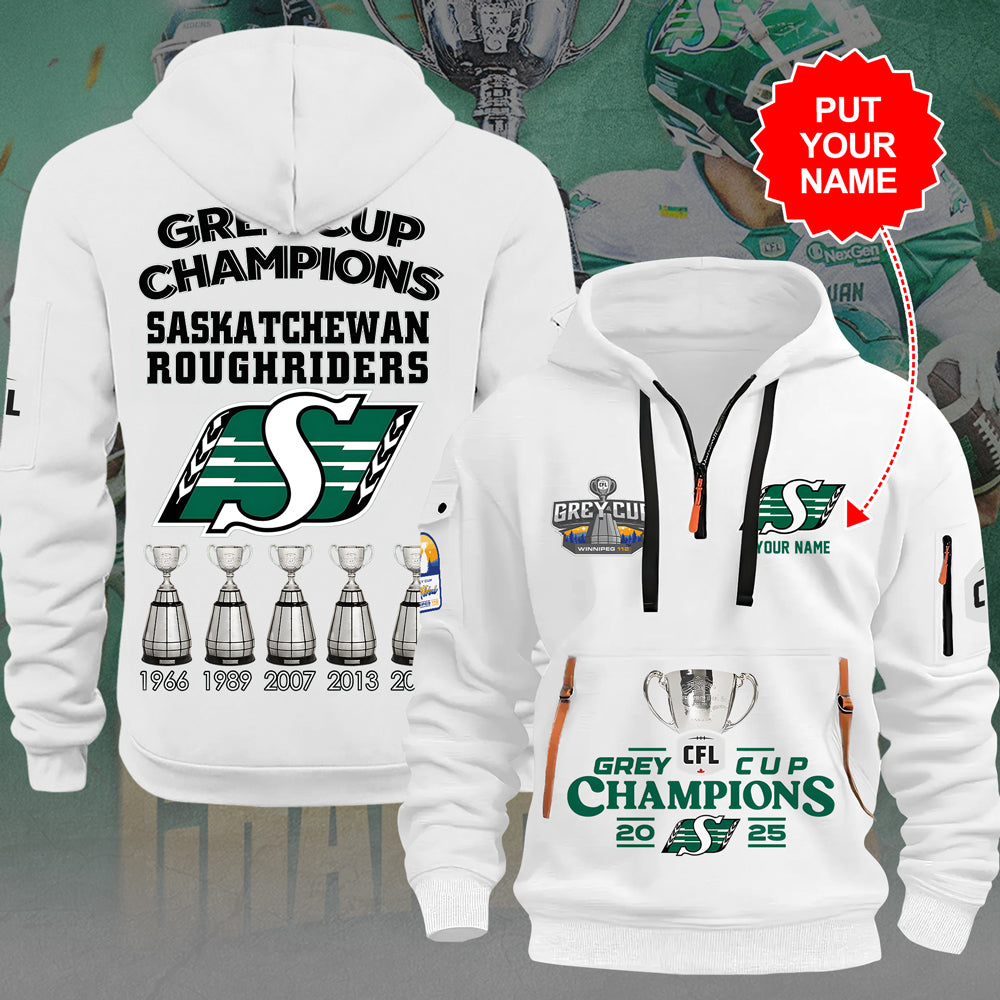 Personalized Saskatchewan Roughriders 2025 Grey Cup Champions 2D Quarter Zip Hoodie – TANTN19008