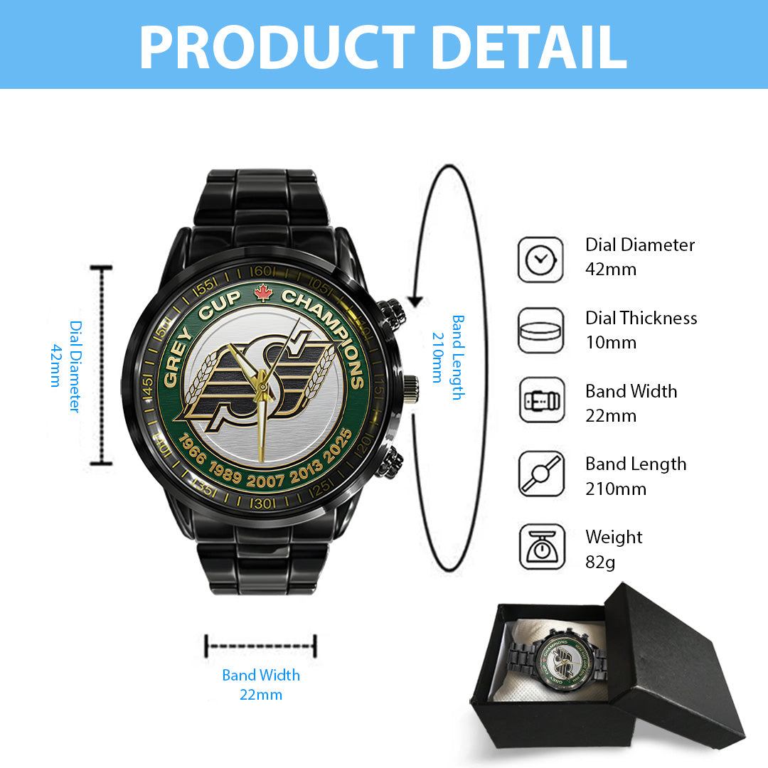 Saskatchewan Roughriders 2025 Grey Cup Champions Black Stainless Steel Watch – TANTN18923