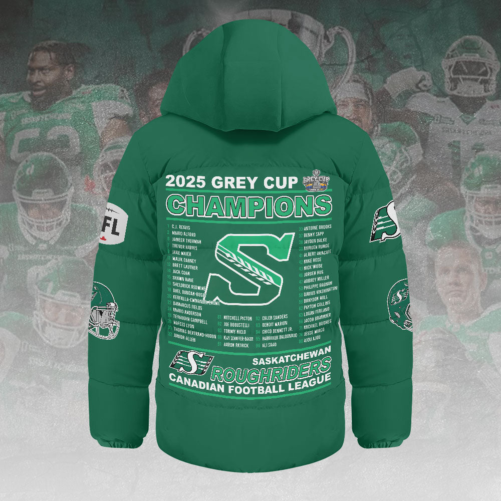 Saskatchewan Roughriders 2025 Grey Cup Champions Thickened Down Hooded Jacket – HOATT14949