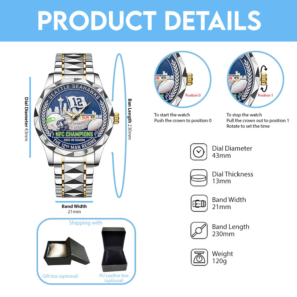 Seattle Seahawks 2025 NFC Champions Alloy Luxury Quartz Watch – TANTN20680