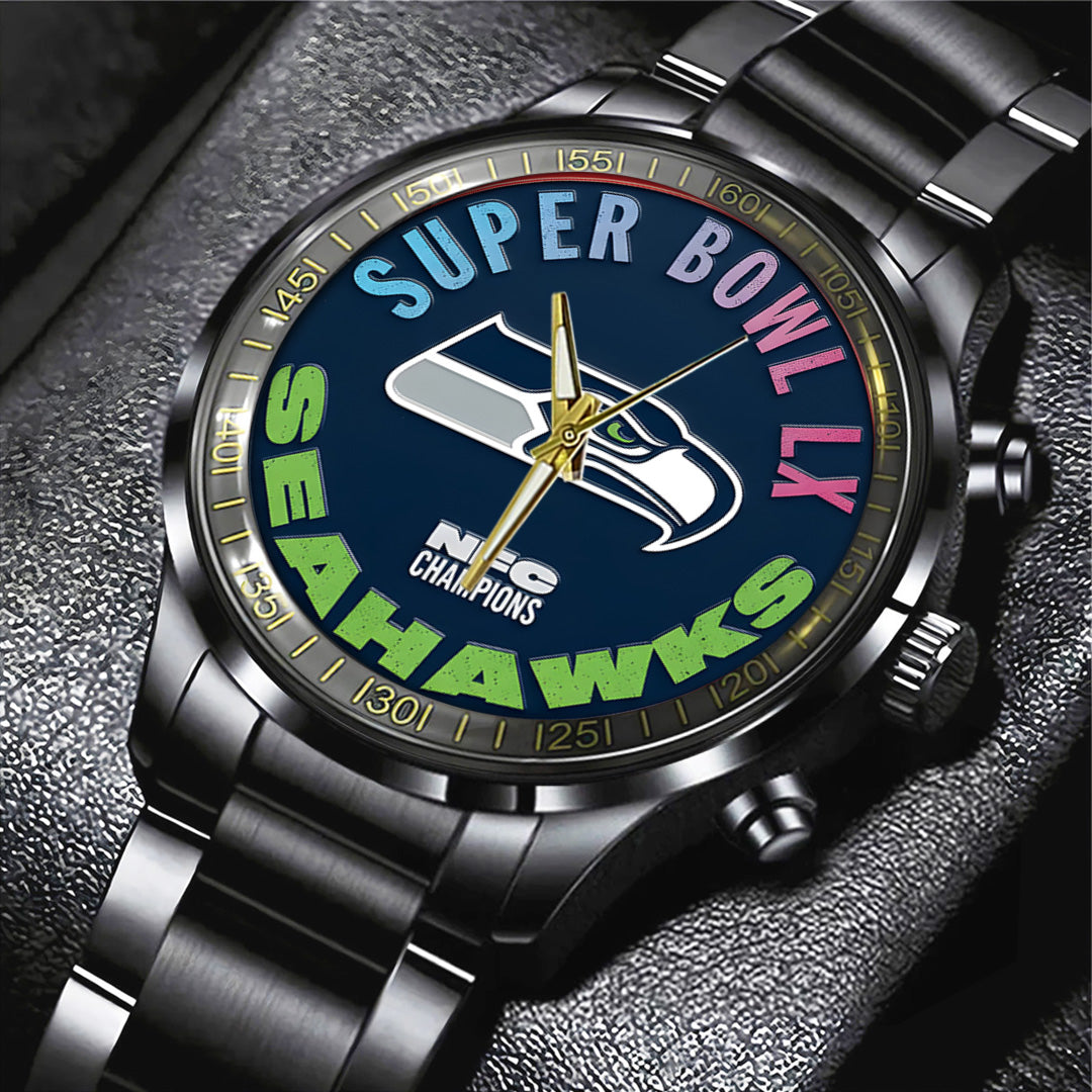 Seattle Seahawks 2025 NFC Champions Black Stainless Steel Watch – TANTN20639