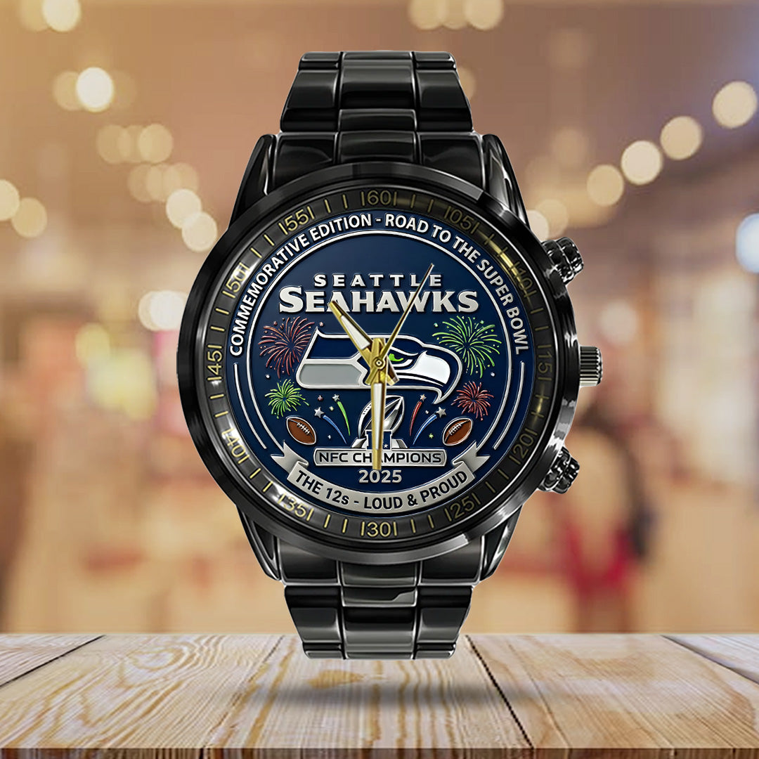 Seattle Seahawks 2025 NFC Champions Black Stainless Steel Watch – TANTN20677