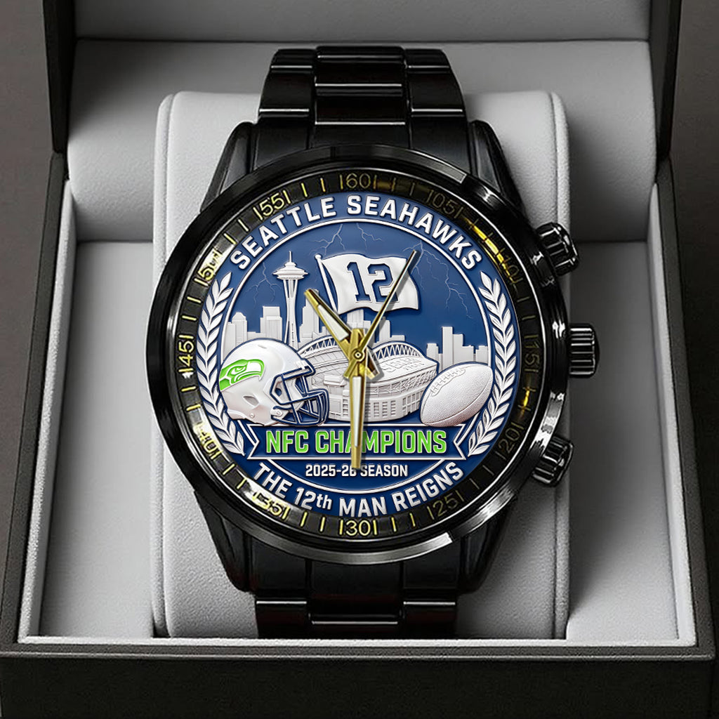 Seattle Seahawks 2025 NFC Champions Black Stainless Steel Watch – TANTN20681