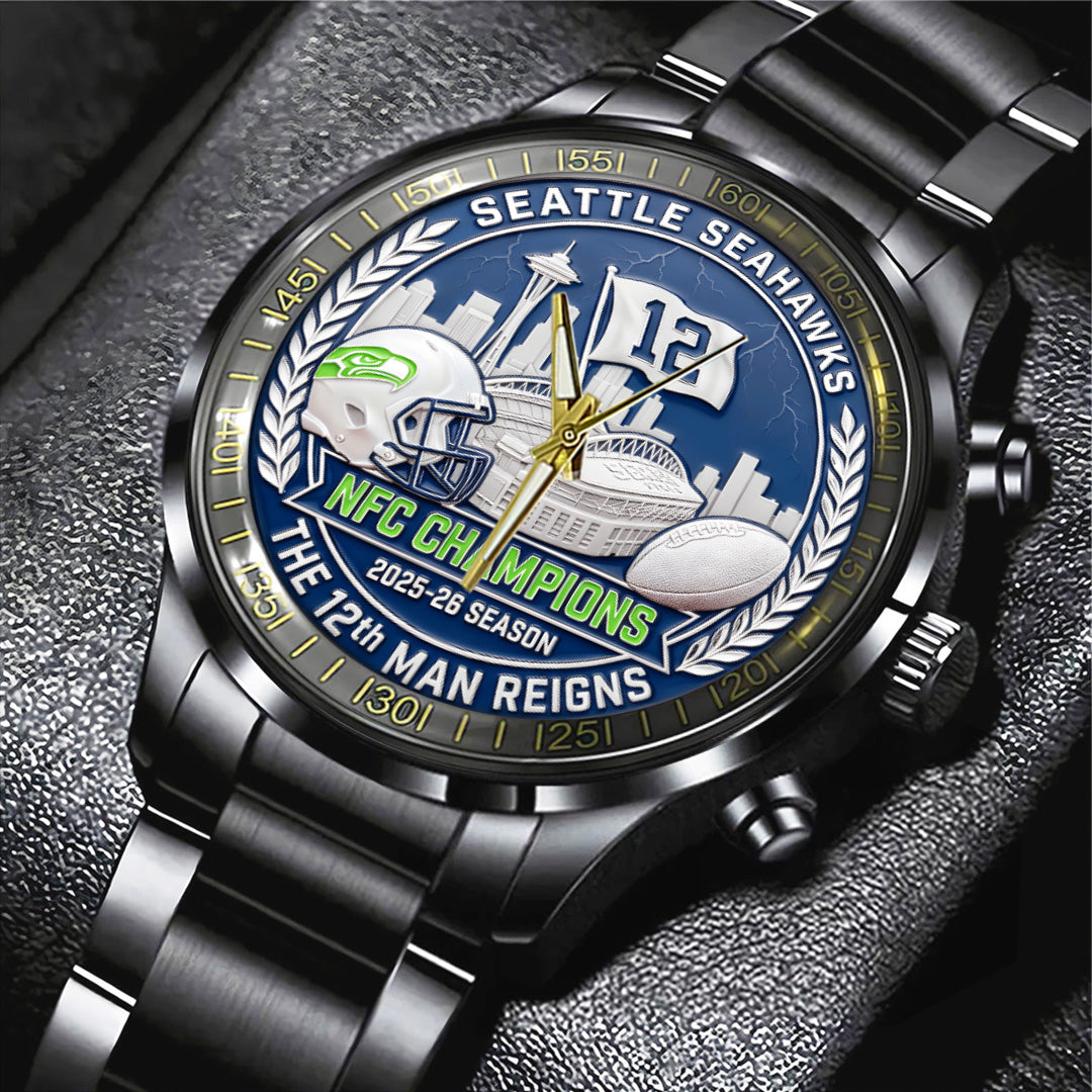 Seattle Seahawks 2025 NFC Champions Black Stainless Steel Watch – TANTN20681