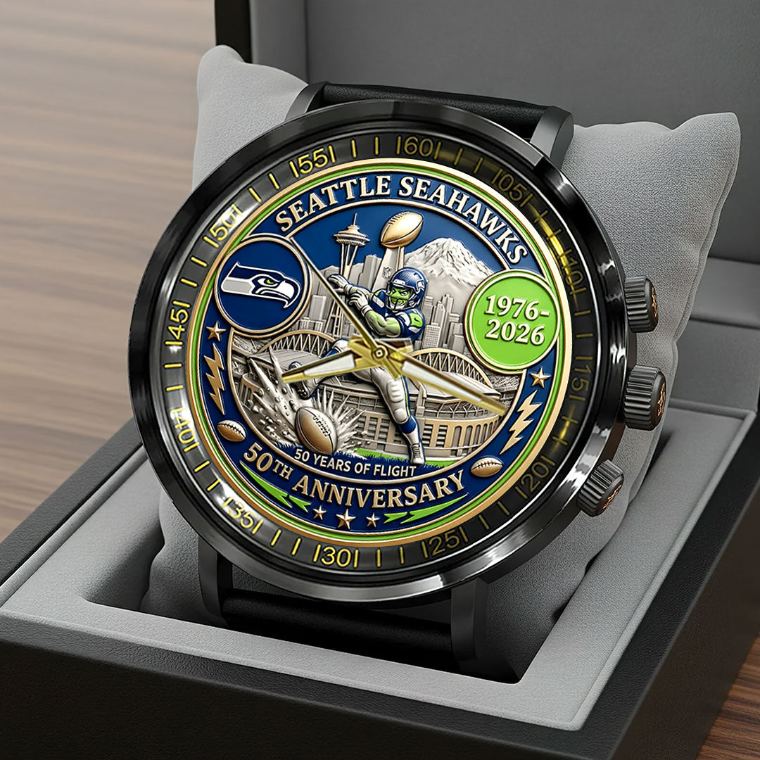 Seattle Seahawks 50th Anniversary Black Stainless Steel Watch – HOATT15730