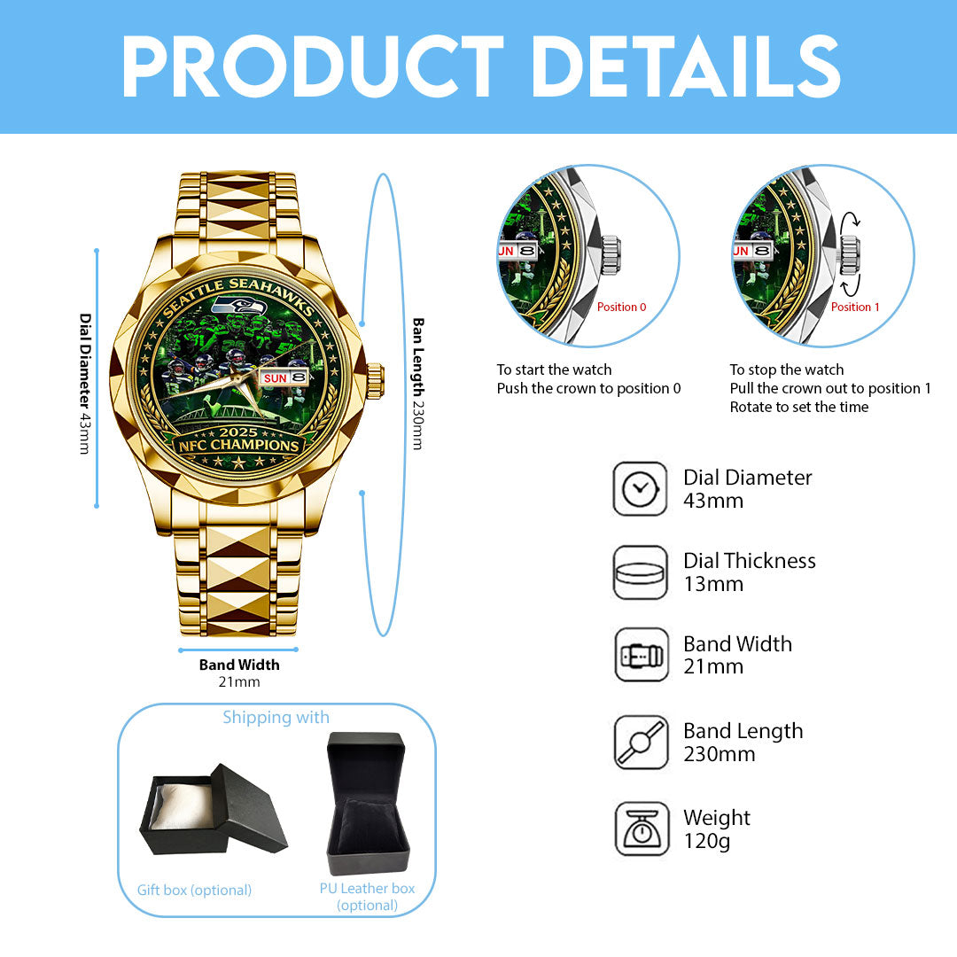 Seattle Seahawks 2025 NFC Champions Alloy Luxury Quartz Watch – TMTHU3476
