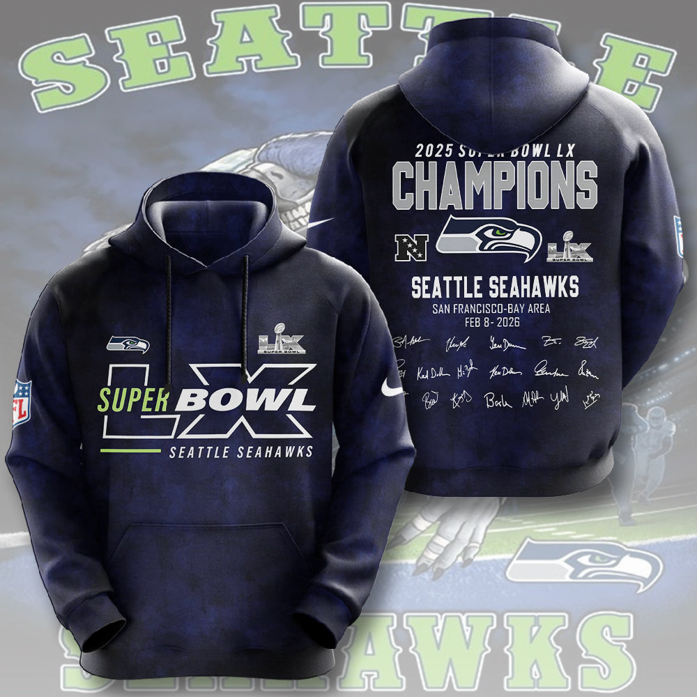 Seattle Seahawks 2025 Super Bowl LX Champions 3D Apparel – TMTHU3889