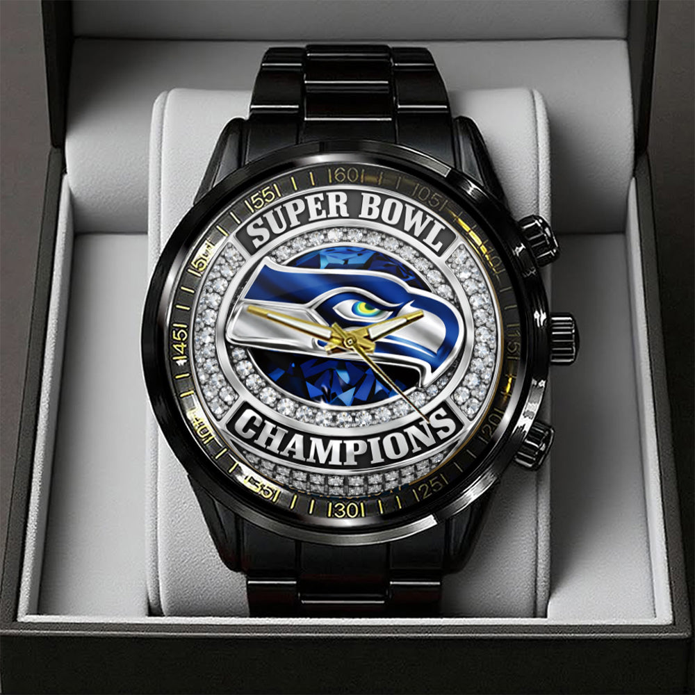 Seattle Seahawks 2025 Super Bowl LX Champions Black Stainless Steel Watch – GNE5033