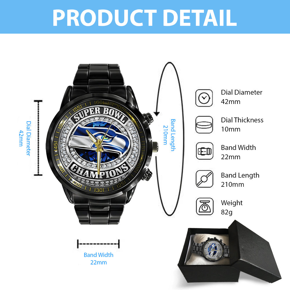 Seattle Seahawks 2025 Super Bowl LX Champions Black Stainless Steel Watch – GNE5033