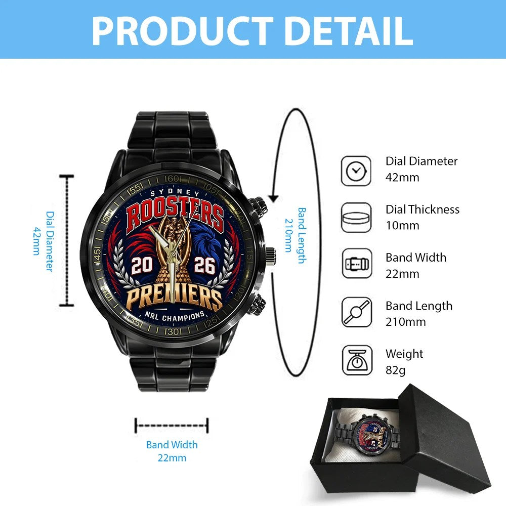 Sydney Roosters 2026 Premiers Black Stainless Steel Watch – TMTHU10178