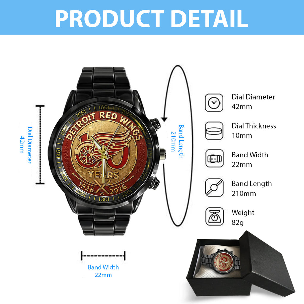 Detroit Red Wings 100th Anniversary 2026 Black Stainless Steel Watch – TANTN16093