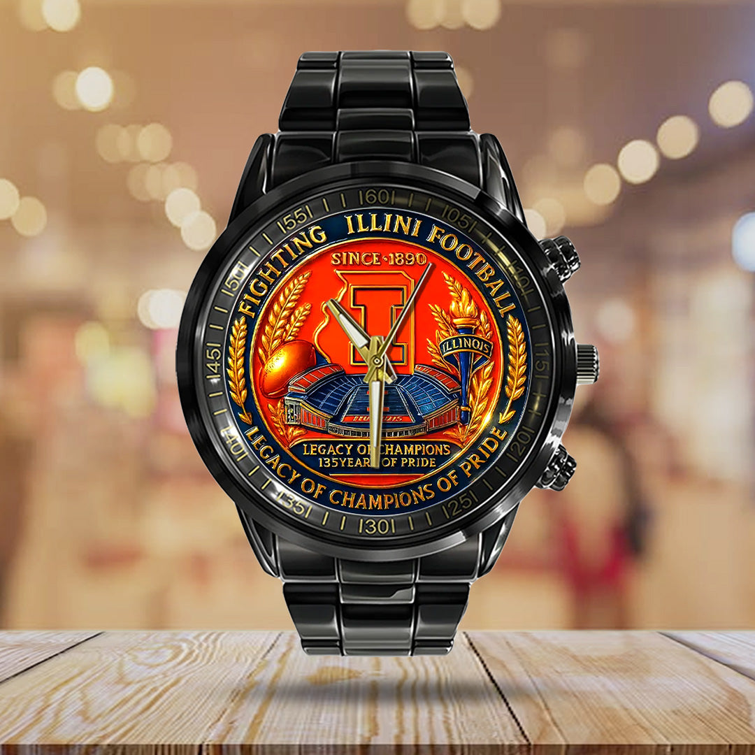 Illinois Fighting Illini Football Black Stainless Steel Watch – TANTN17998