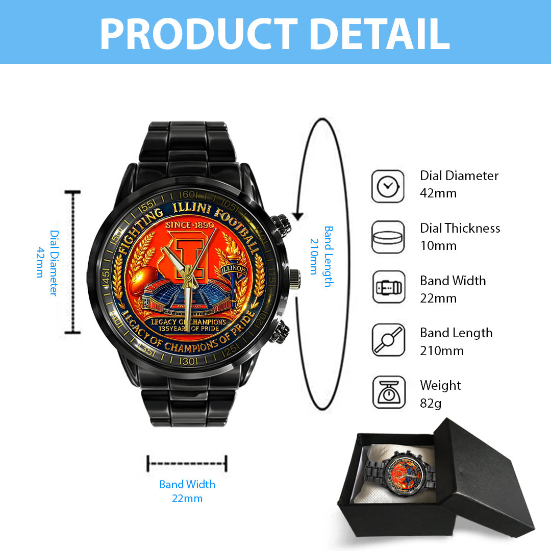 Illinois Fighting Illini Football Black Stainless Steel Watch – TANTN17998