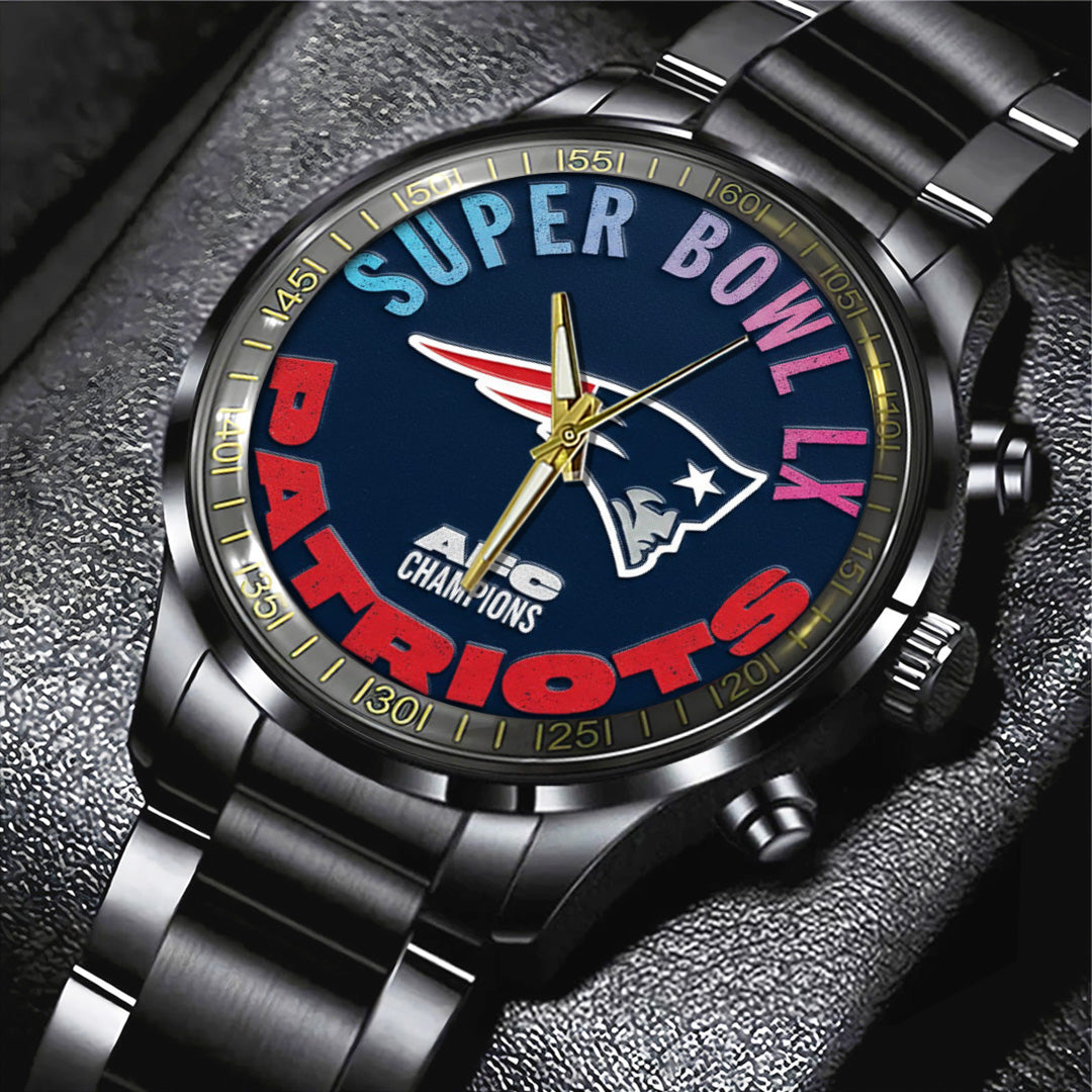 New England Patriots 2025 AFC Champions Black Stainless Steel Watch – TANTN20641