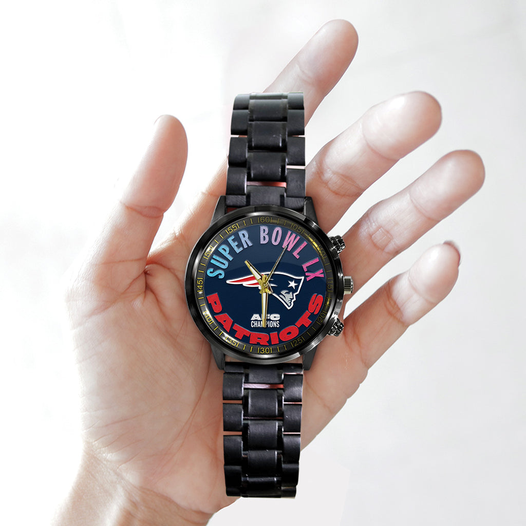 New England Patriots 2025 AFC Champions Black Stainless Steel Watch – TANTN20641