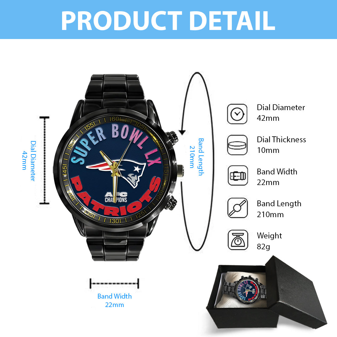 New England Patriots 2025 AFC Champions Black Stainless Steel Watch – TANTN20641