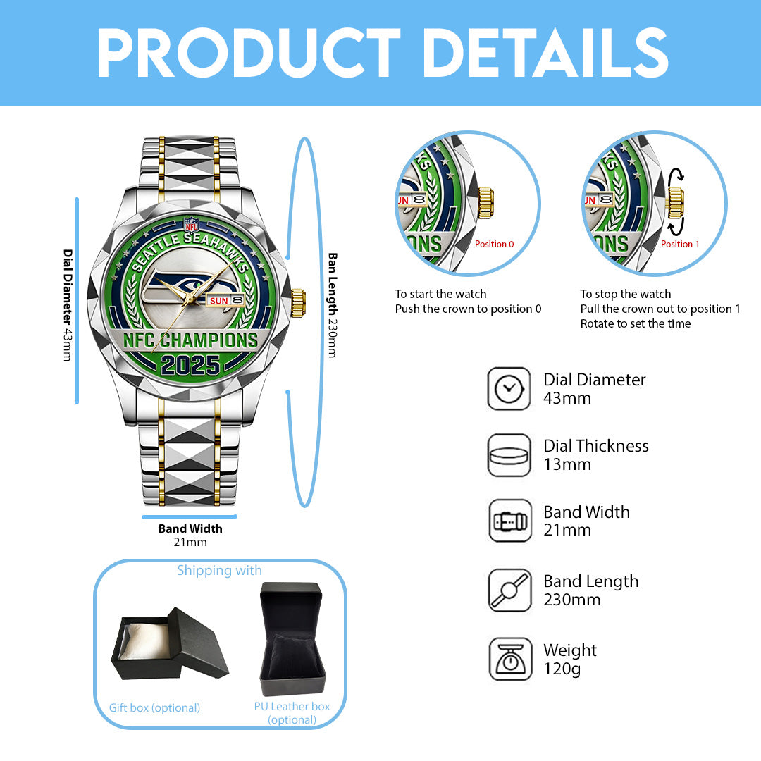 Seattle Seahawks 2025 NFC Champions Alloy Luxury Quartz Watch – TANTN20678