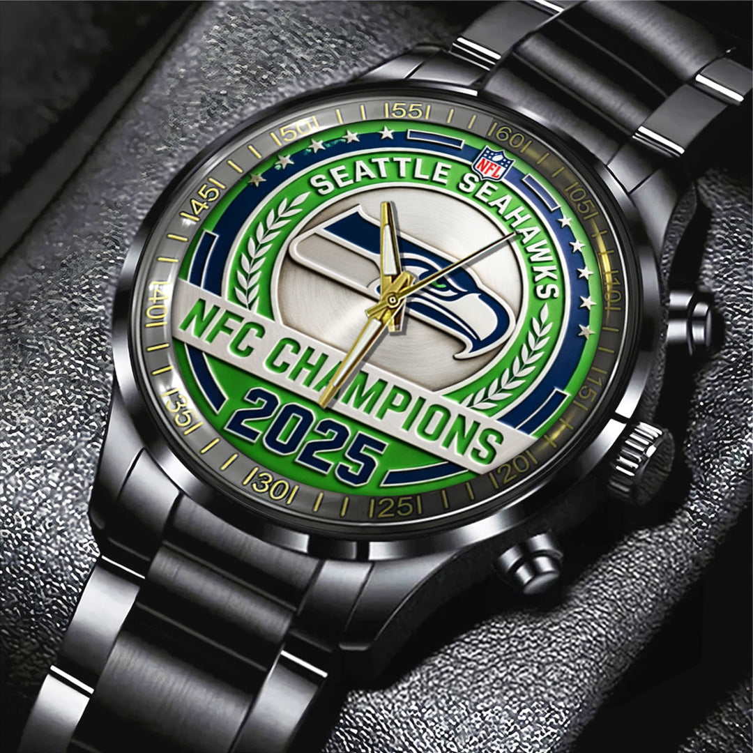 Seattle Seahawks 2025 NFC Champions Black Stainless Steel Watch – TANTN20679