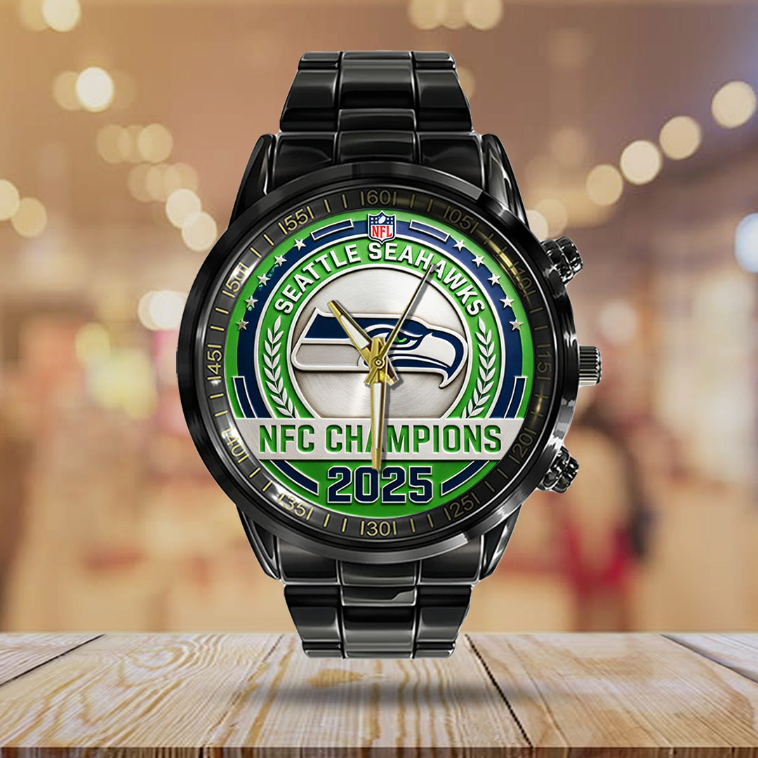 Seattle Seahawks 2025 NFC Champions Black Stainless Steel Watch – TANTN20679