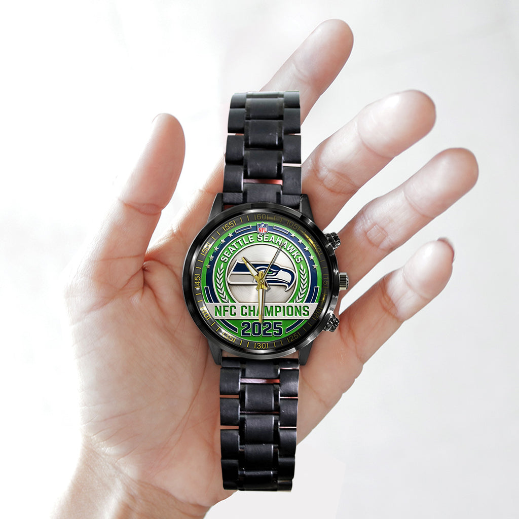 Seattle Seahawks 2025 NFC Champions Black Stainless Steel Watch – TANTN20679