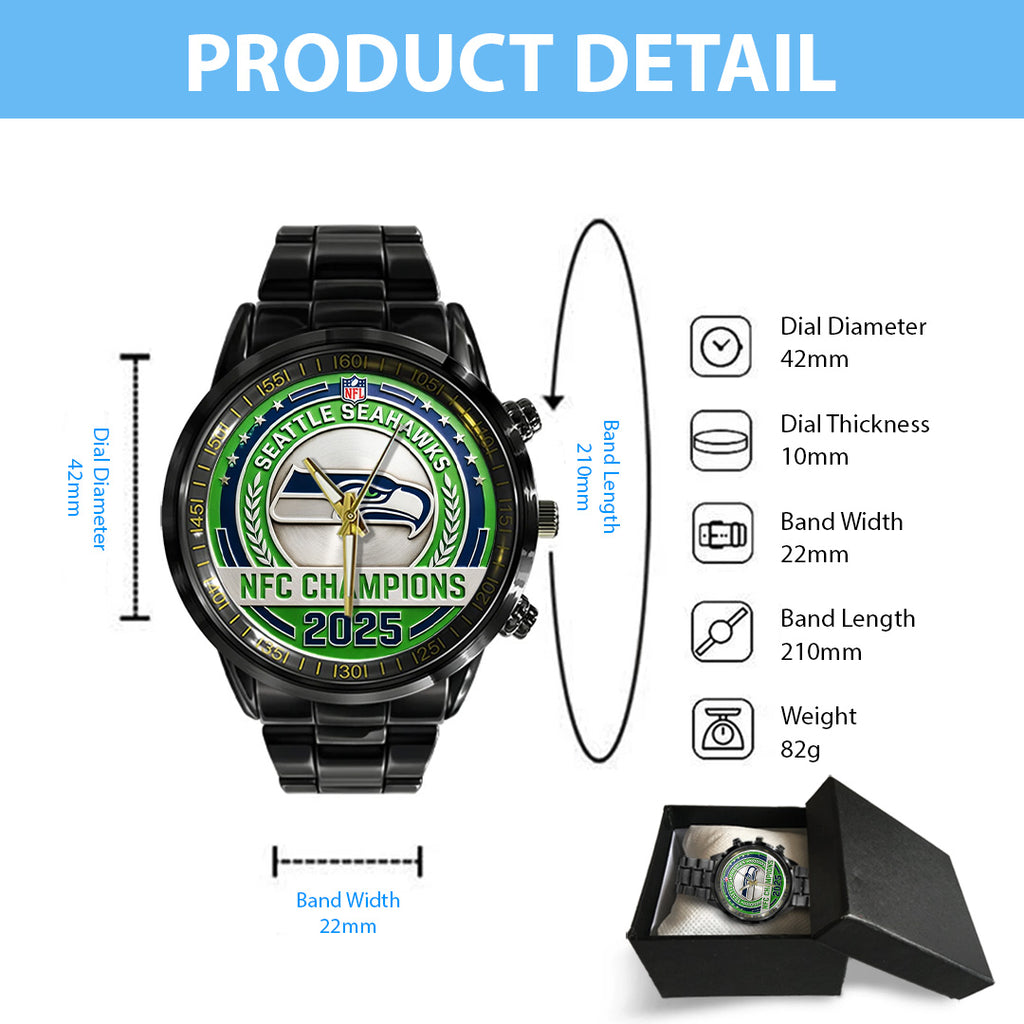 Seattle Seahawks 2025 NFC Champions Black Stainless Steel Watch – TANTN20679