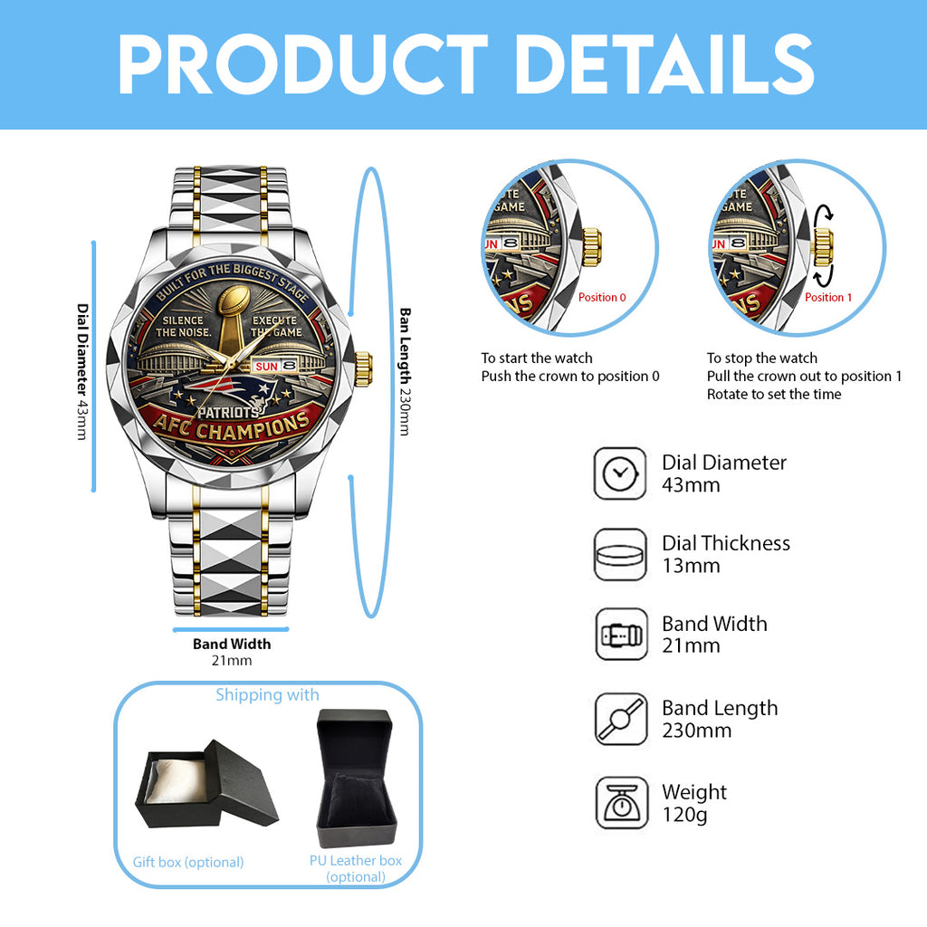 New England Patriots 2025 AFC Champions Alloy Luxury Quartz Watch – TANTN20711