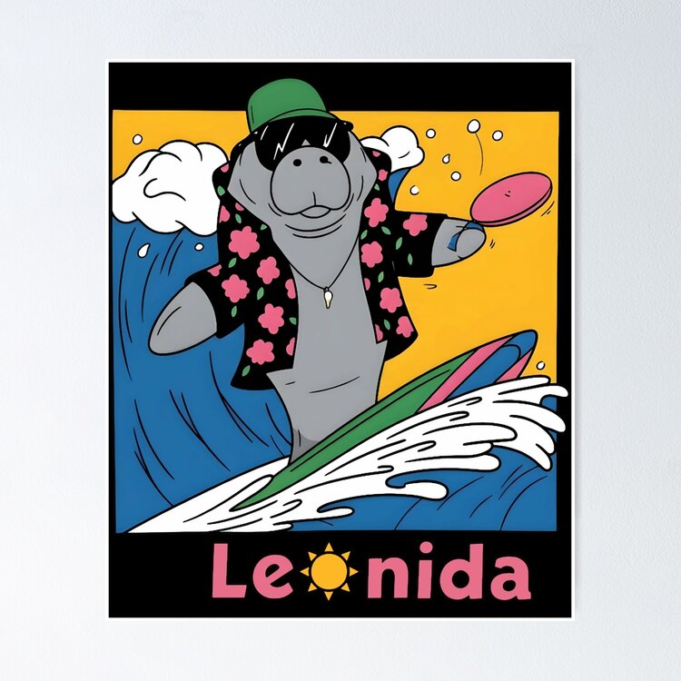 Leonida Surfing Shark Hawaiian Beach Retro Poster