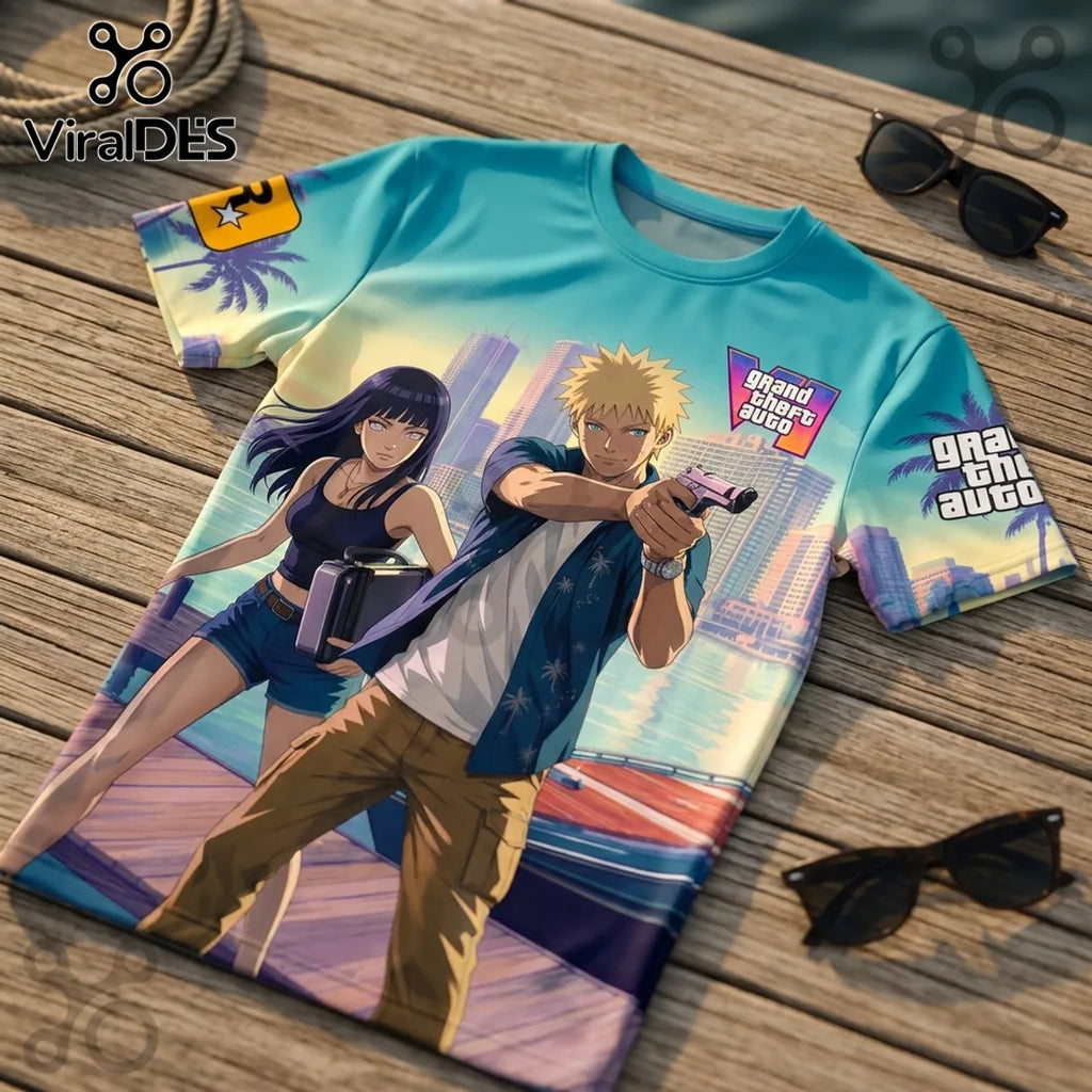 Naruto x Hinata Grand Theft Auto VI Blue T-Shirt