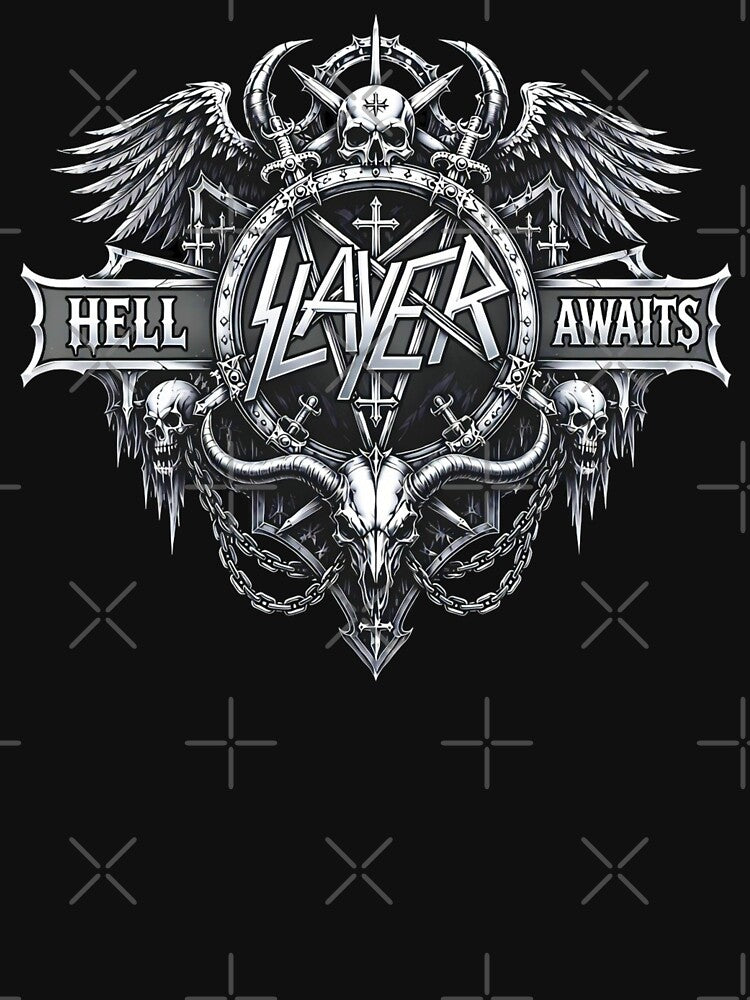 Hell Awaits Gothic Skull Heavy Metal Crest Shirt