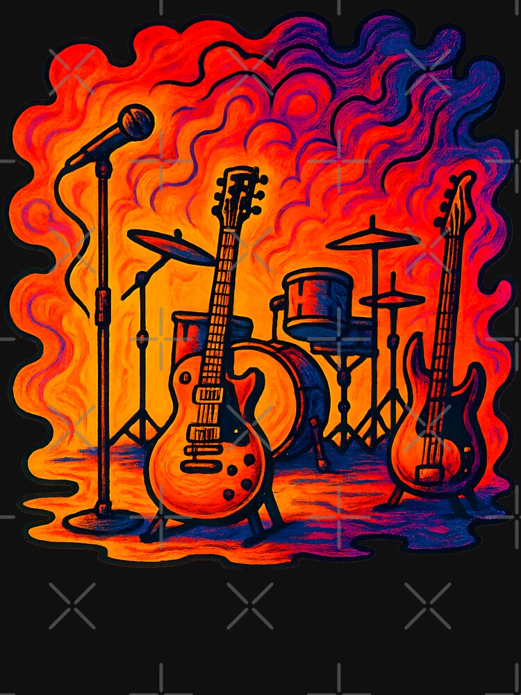 Rock And Roll Band Instruments Electric Guitar Drum Set Psychedelic Shirt