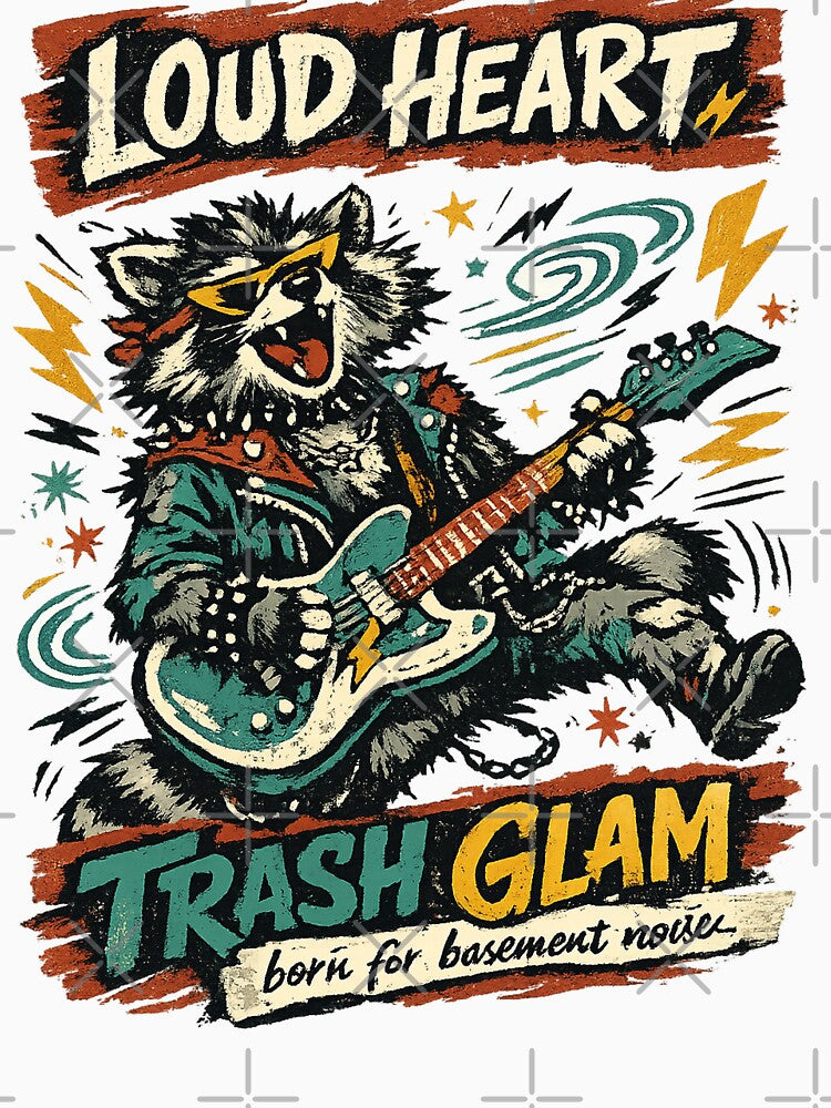 Loud Heart Trash Glam Punk Rock Raccoon Guitar Retro Music Design Shirt