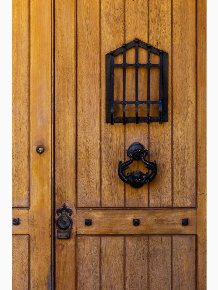Rustic Wooden Door With Black Iron Knocker And Small Window Grate Shirt