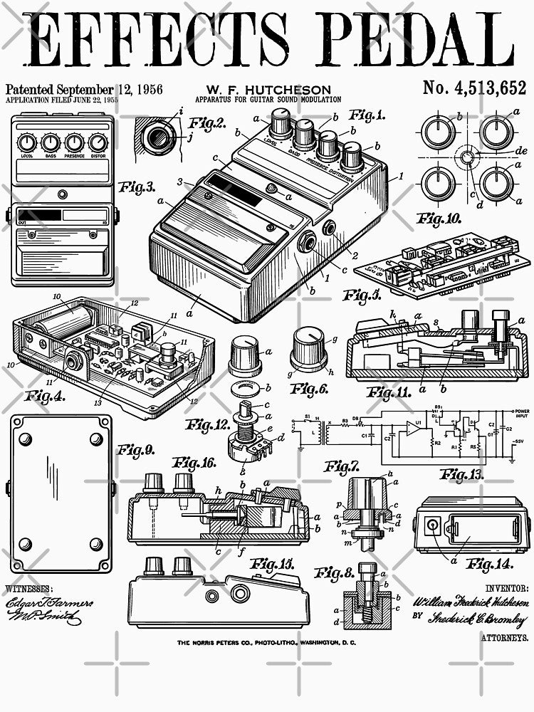 Electric Guitar Effects Pedal Guitarist Music Vintage Patent Shirt
