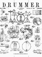Drum Set Kit Vintage Patent Drummer Drawing Print Shirt